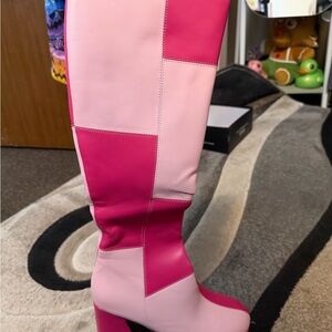 Over-the-Knee Two-Tone Pink Block Heel Boots